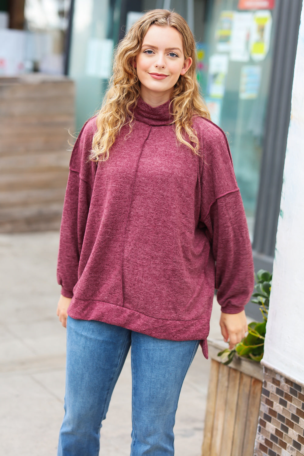 The Latest Edition Burgundy Brushed Mélange Mock Neck Sweater