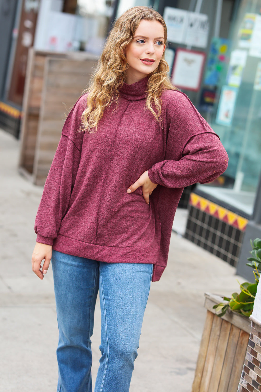 The Latest Edition Burgundy Brushed Mélange Mock Neck Sweater