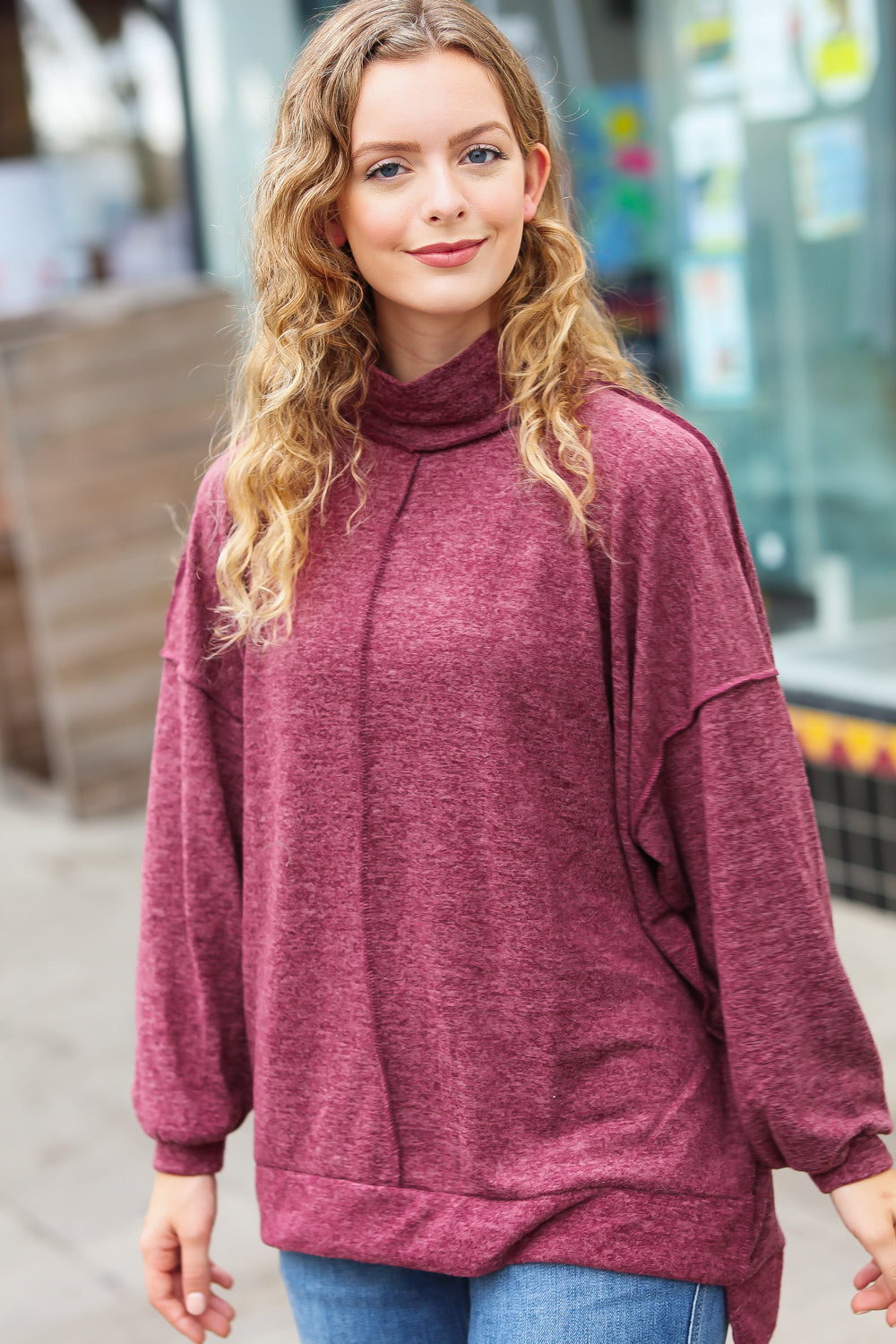 The Latest Edition Burgundy Brushed Mélange Mock Neck Sweater