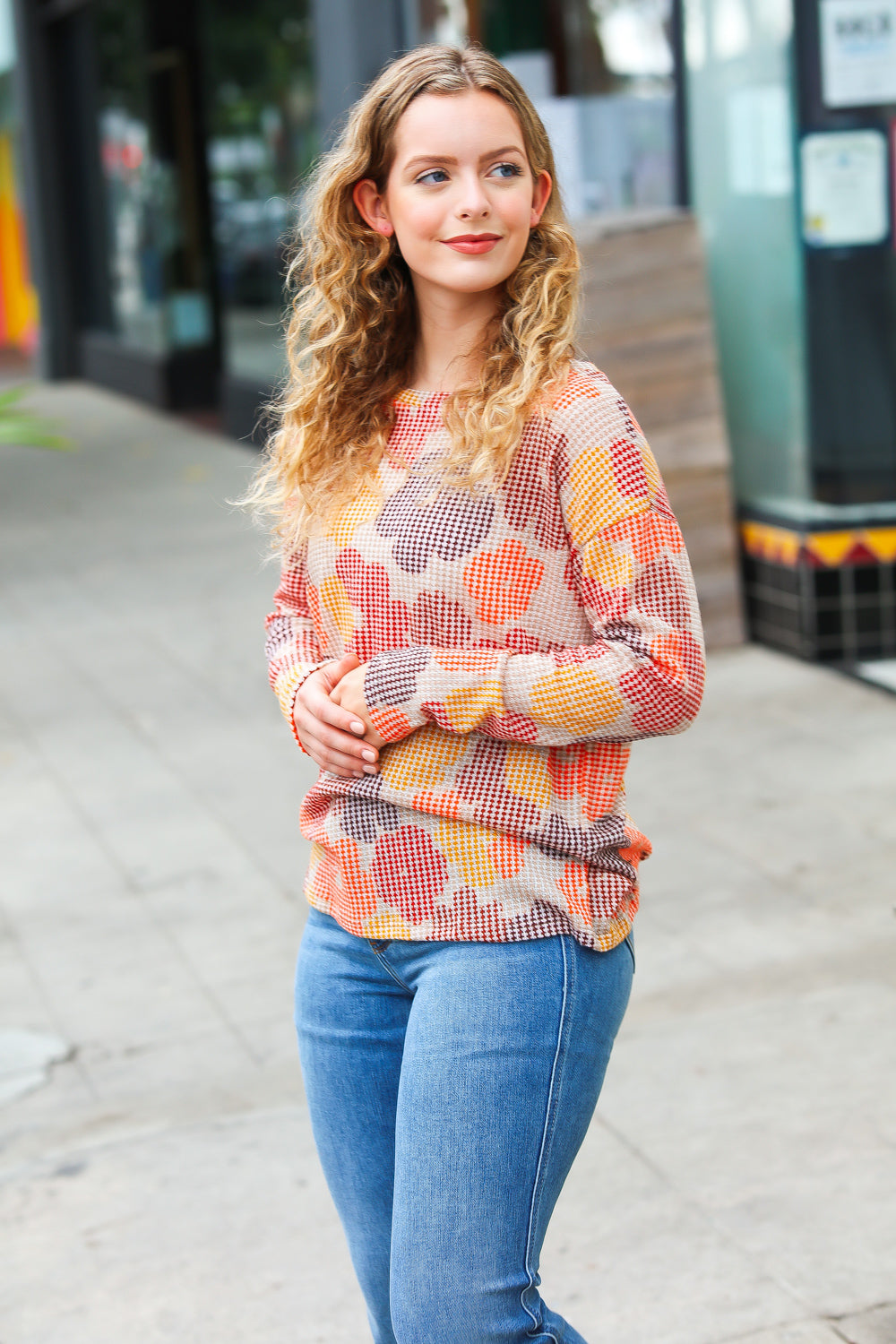 Dreamy Orange & Taupe Flat Floral Two Tone Knit Top