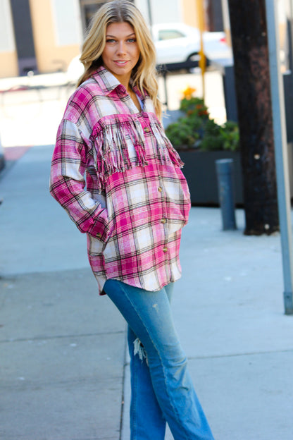 Magenta Plaid Fringe Button Down Shacket