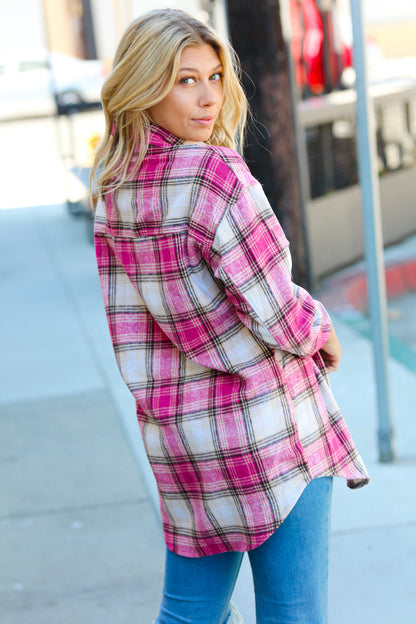 Magenta Plaid Fringe Button Down Shacket