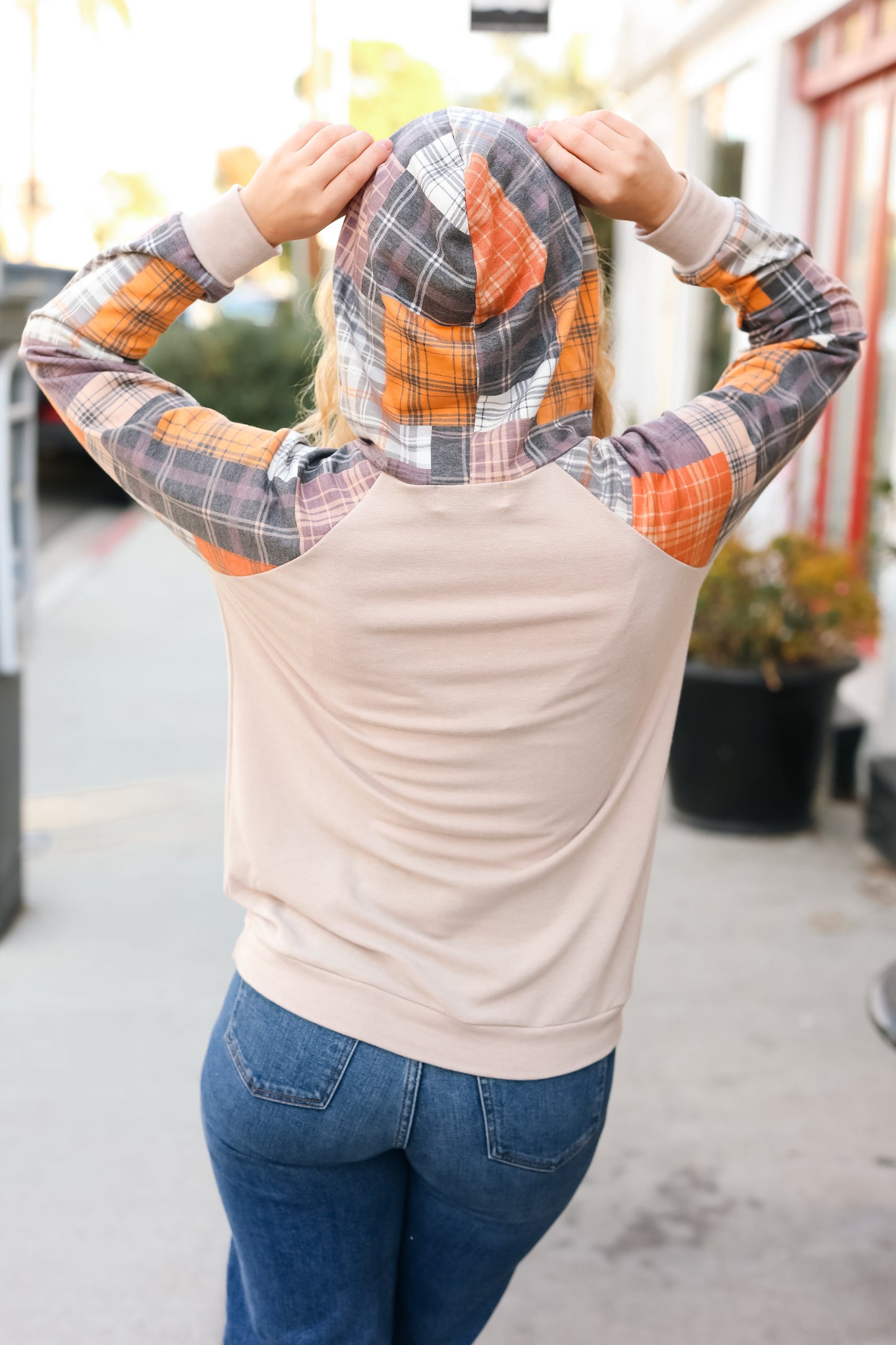 Good With It Orange & Taupe Plaid Terry Kangaroo Pocket Hoodie