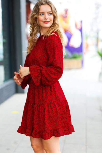 Simply Merry Burnt Red Animal Print Mock Neck Tiered Dress