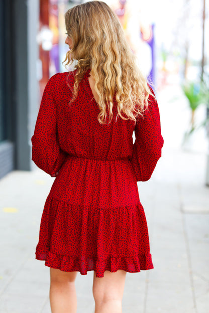 Simply Merry Burnt Red Animal Print Mock Neck Tiered Dress