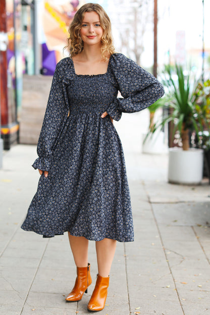 Keep You Close Black Smocking Ditsy Floral Woven Dress