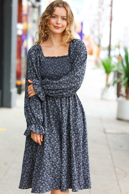 Keep You Close Black Smocking Ditsy Floral Woven Dress