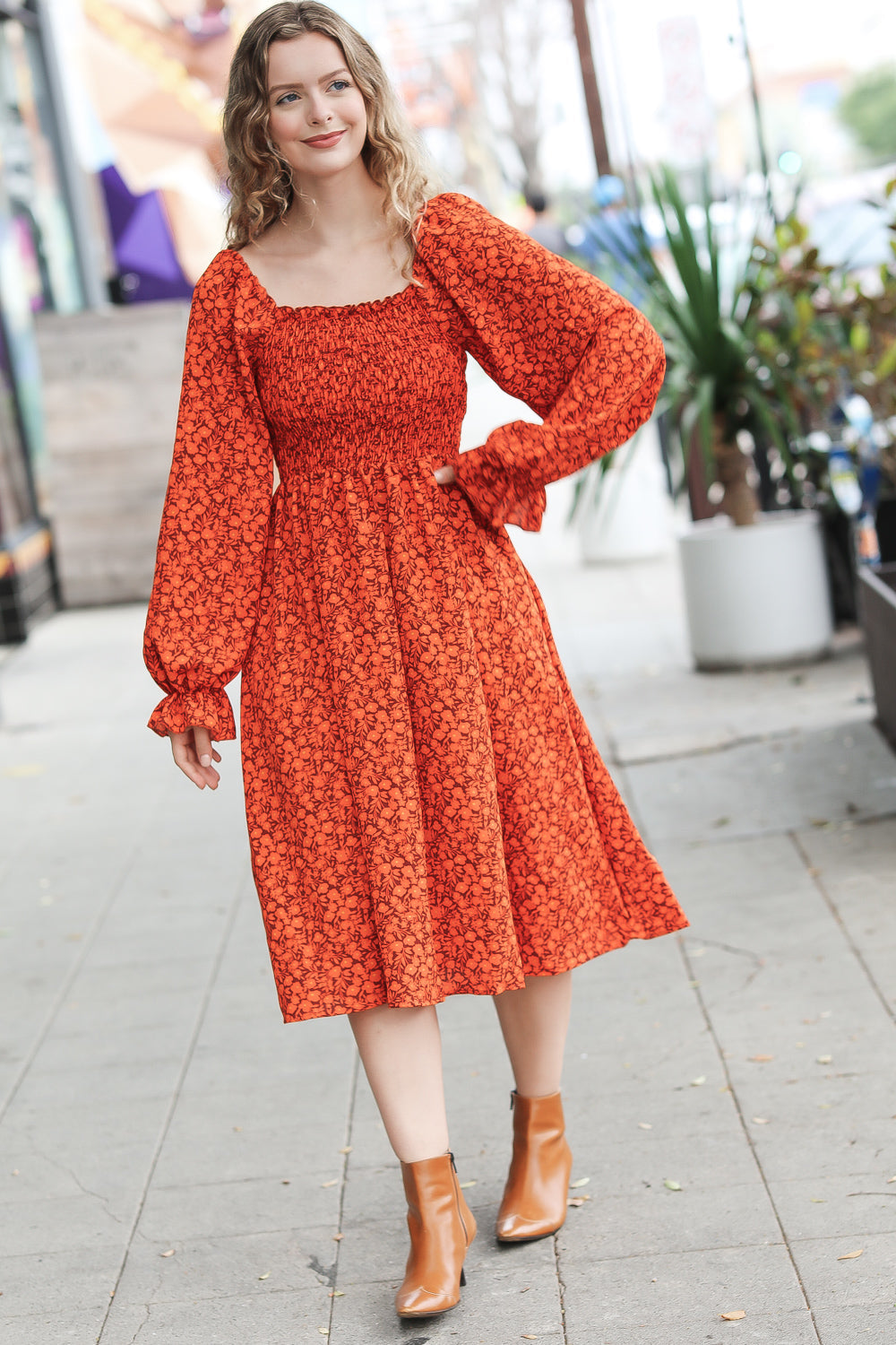 Keep You Close Rust Smocking Ditsy Floral Woven Dress