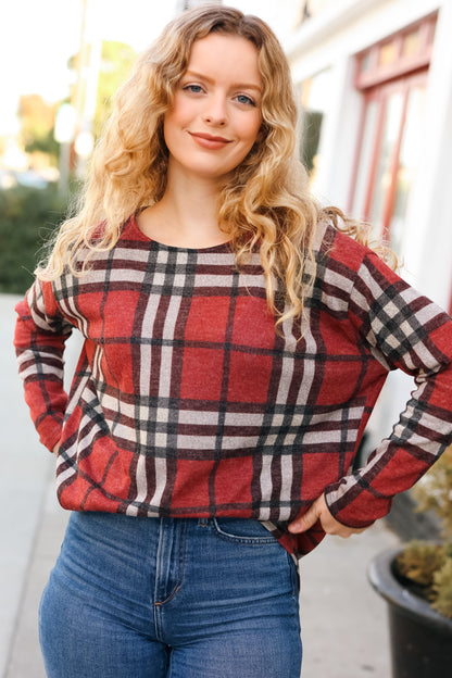 Perfectly You Red Plaid Boat Neck Long Sleeve Top