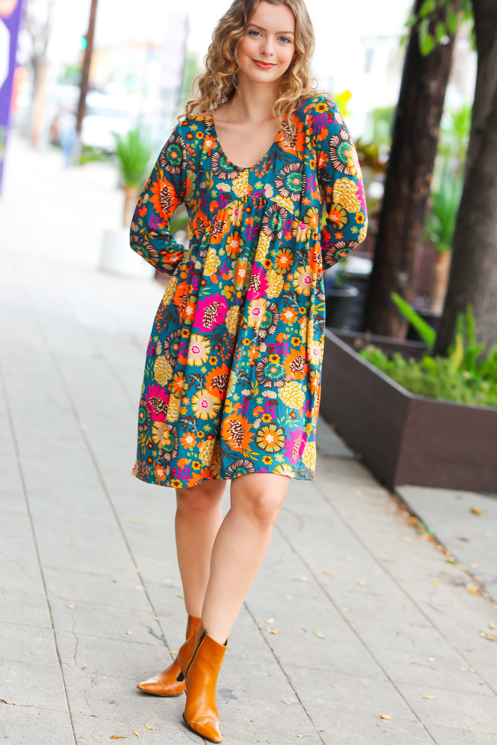 All About It Teal Vibrant Floral Pocketed Dress