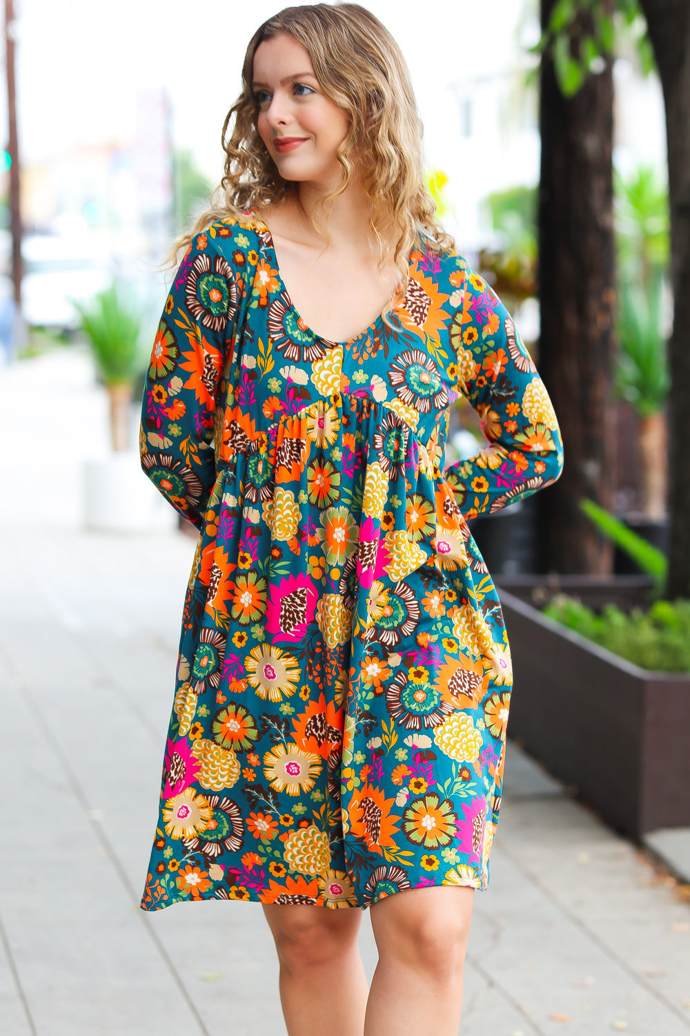 All About It Teal Vibrant Floral Pocketed Dress