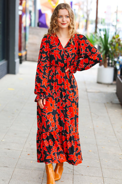 It's A Match Black & Rust Floral Surplice Maxi Dress