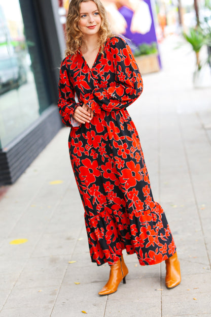 It's A Match Black & Rust Floral Surplice Maxi Dress