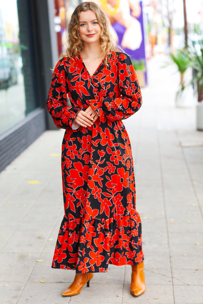 It's A Match Black & Rust Floral Surplice Maxi Dress