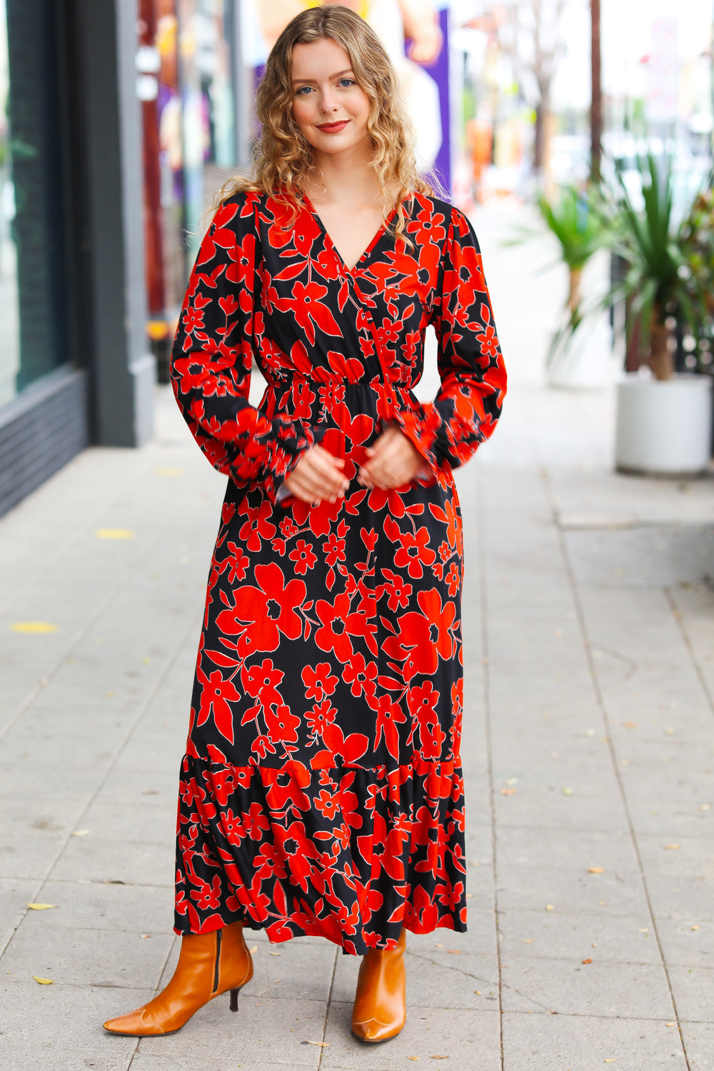 It's A Match Black & Rust Floral Surplice Maxi Dress