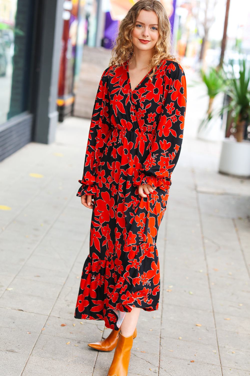 It's A Match Black & Rust Floral Surplice Maxi Dress