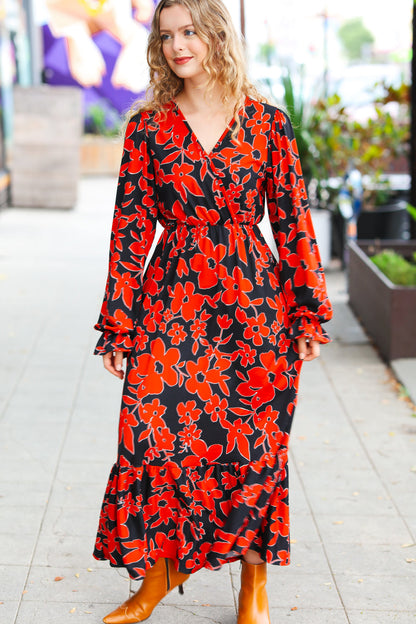 It's A Match Black & Rust Floral Surplice Maxi Dress