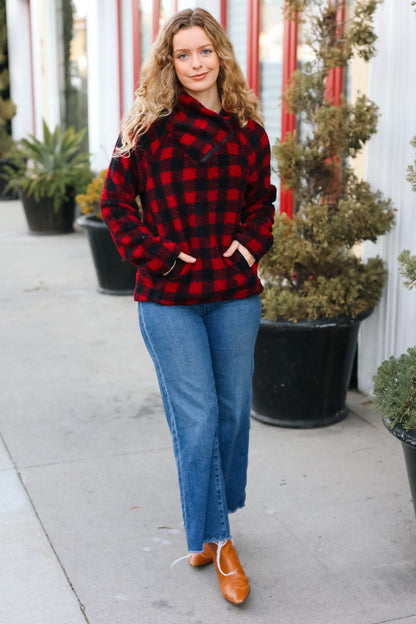 So Cozy Red Sherpa Plaid Asymmetrical Zip Sweater Top