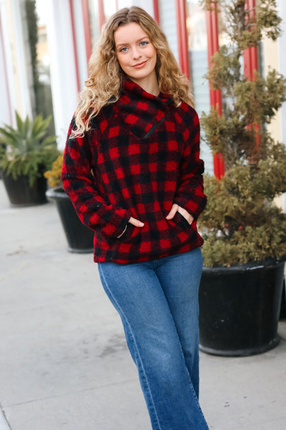 So Cozy Red Sherpa Plaid Asymmetrical Zip Sweater Top