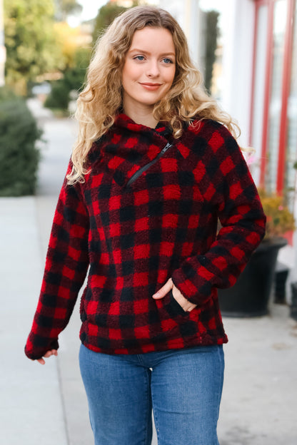 So Cozy Red Sherpa Plaid Asymmetrical Zip Sweater Top