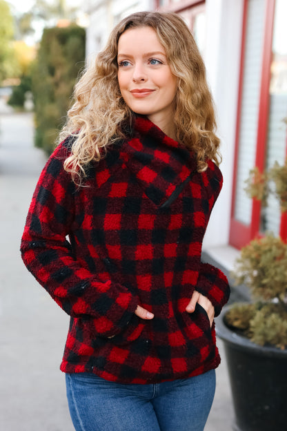 So Cozy Red Sherpa Plaid Asymmetrical Zip Sweater Top