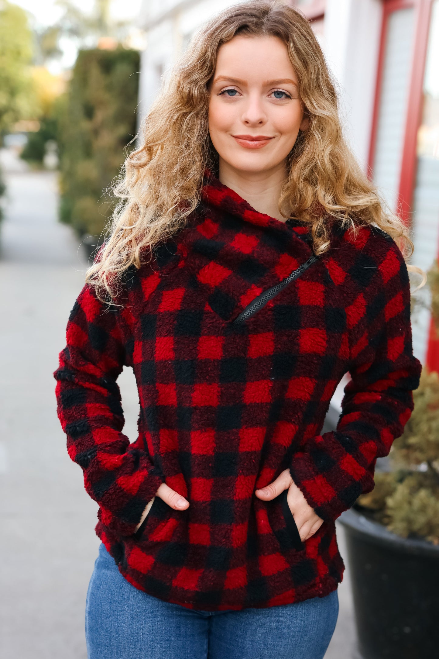 So Cozy Red Sherpa Plaid Asymmetrical Zip Sweater Top