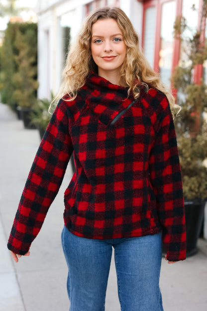 So Cozy Red Sherpa Plaid Asymmetrical Zip Sweater Top