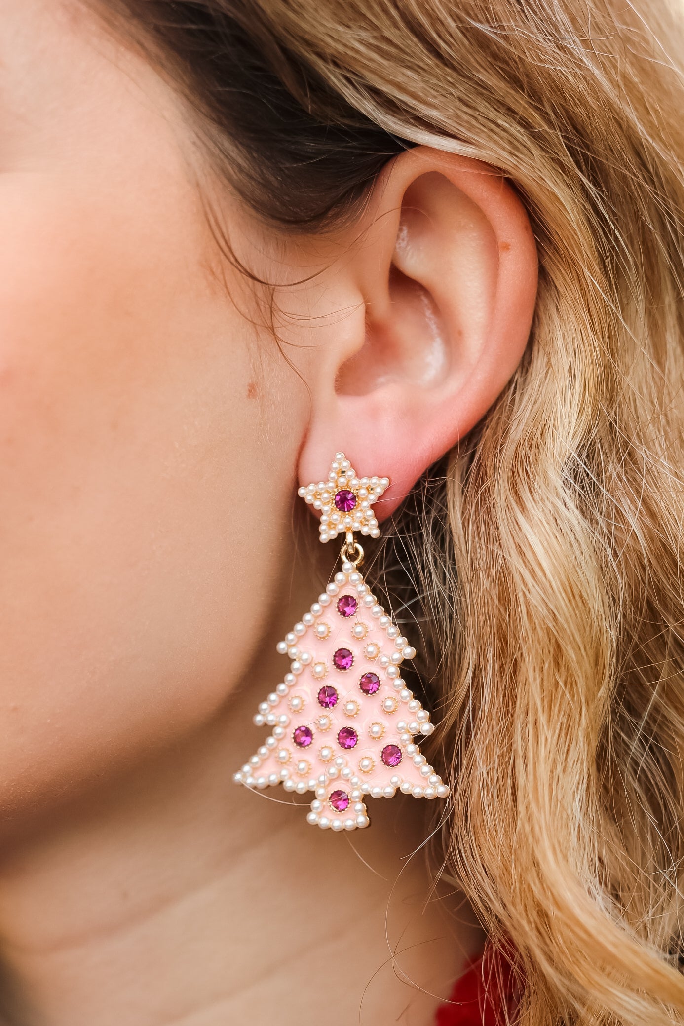 Blush Christmas Tree Rhinestone Metal Dangle Earring