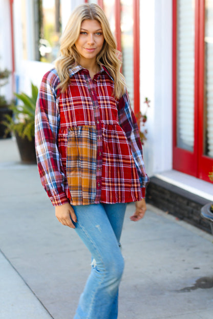 Terracotta & Mustard Plaid Color Block Babydoll Top