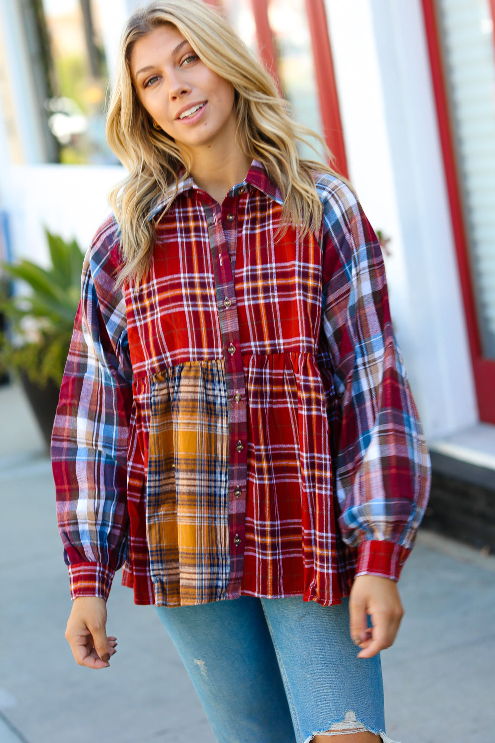 Terracotta & Mustard Plaid Color Block Babydoll Top