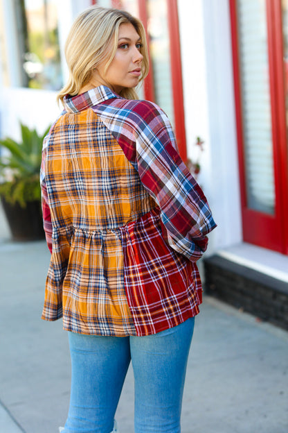 Terracotta & Mustard Plaid Color Block Babydoll Top