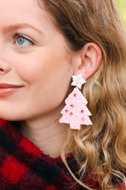 Pink Beaded & Jeweled Christmas Tree Dangle Earrings