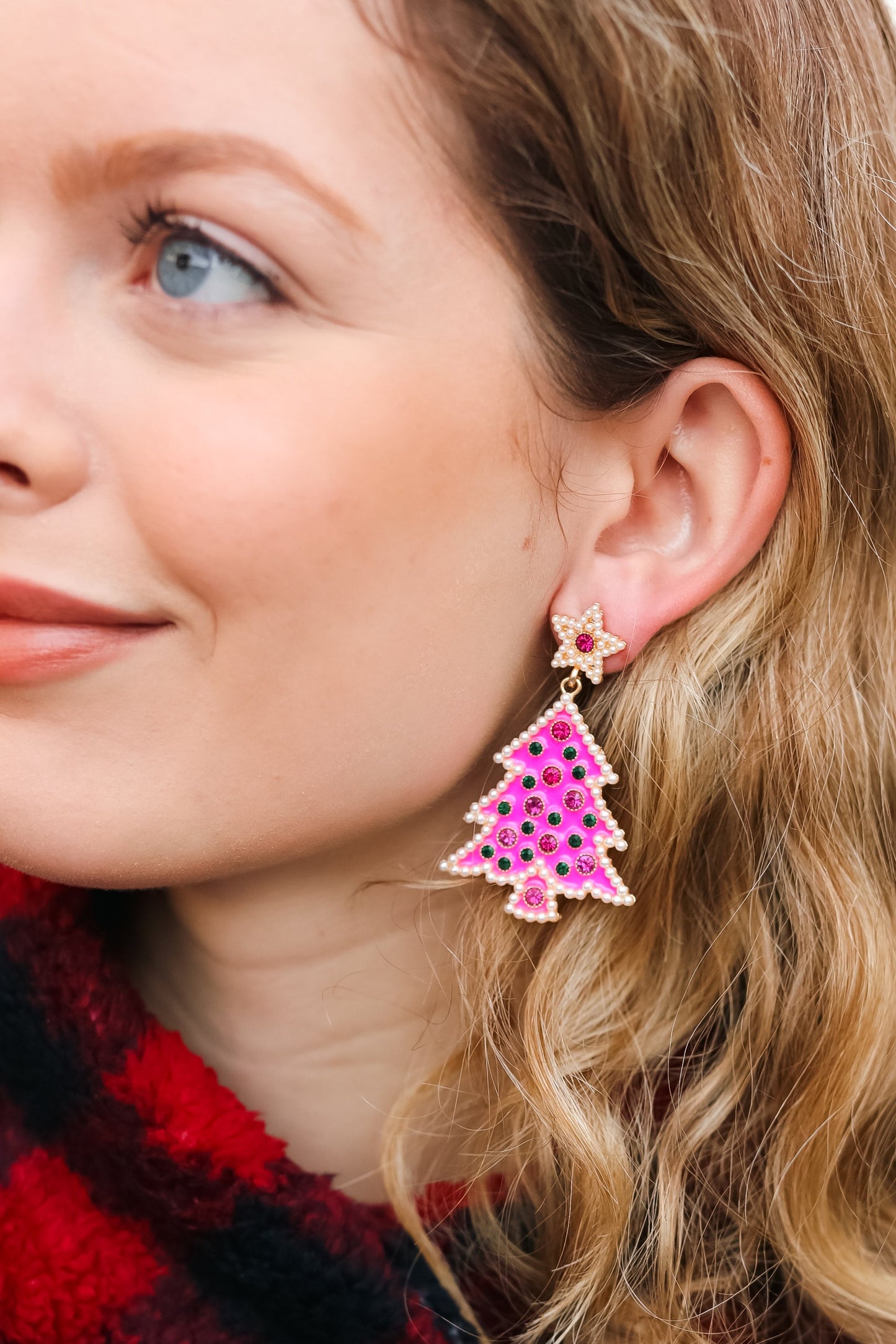 Hot Pink Christmas Tree Rhinestone Metal Dangle Earring