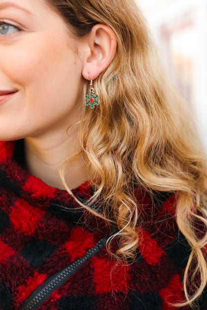 Green Snowflake Metal Dangle Earrings