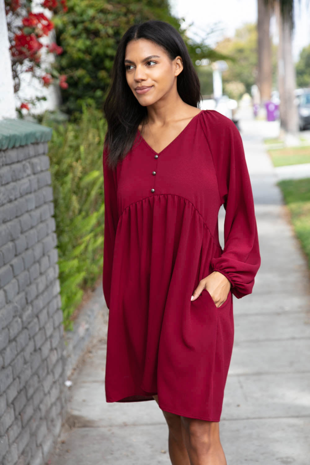 Wine Crepe V Neck Raglan Babydoll Dress