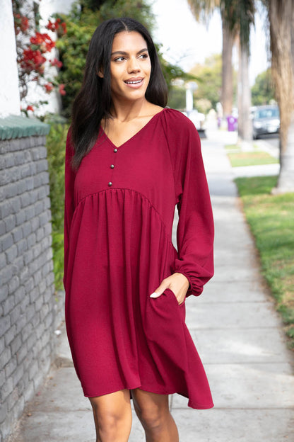 Wine Crepe V Neck Raglan Babydoll Dress