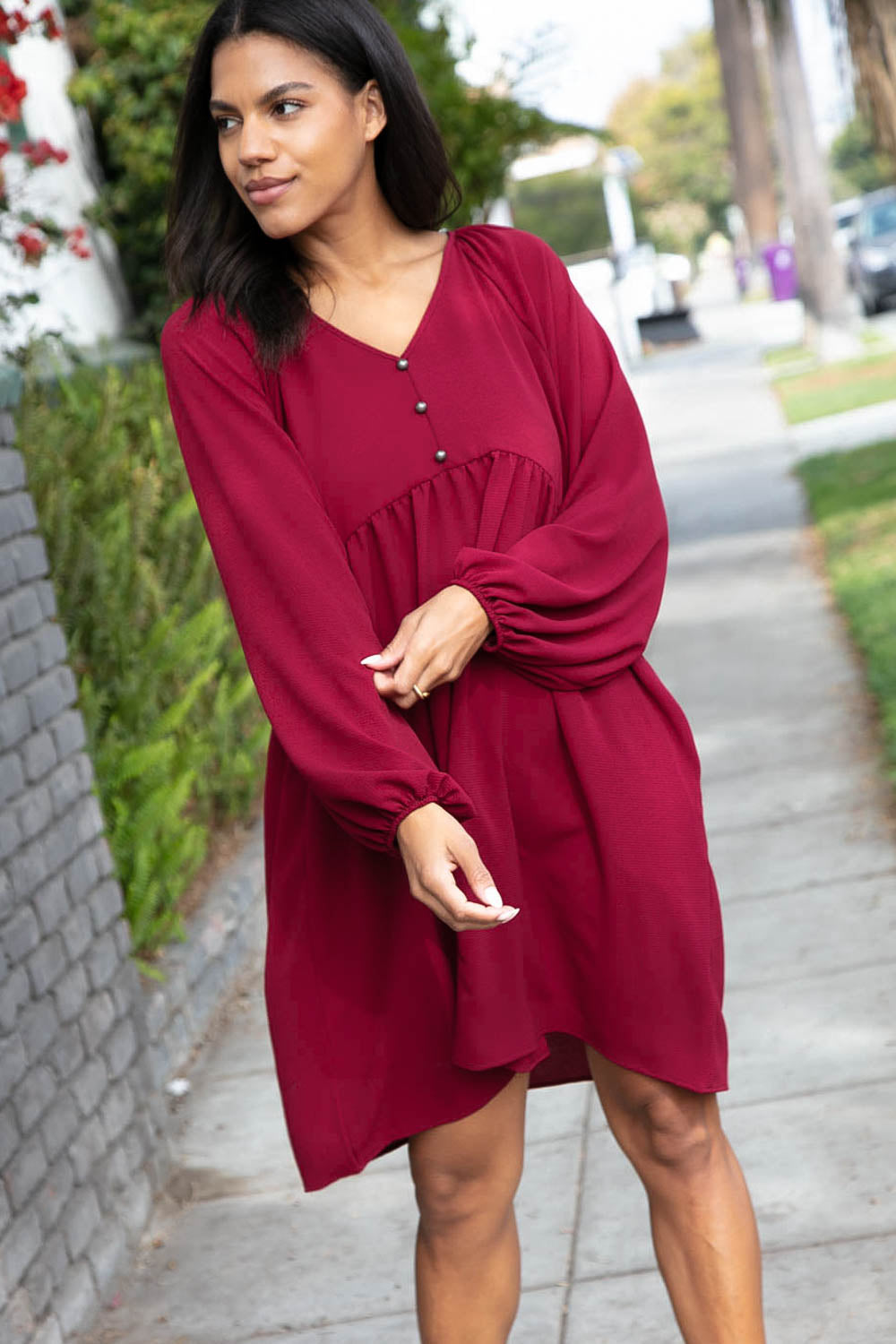 Wine Crepe V Neck Raglan Babydoll Dress