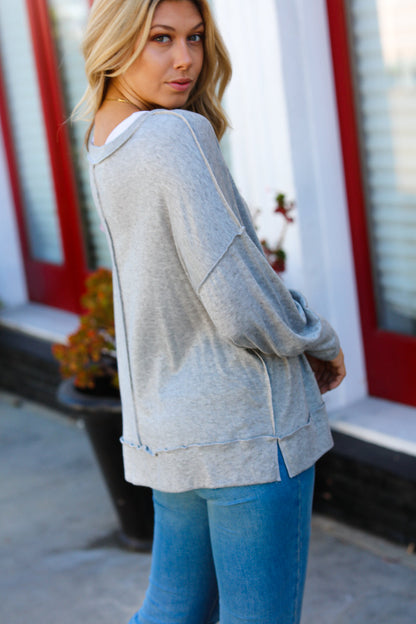 Heather Grey Drop Shoulder Bubble Sleeve Outseam Top