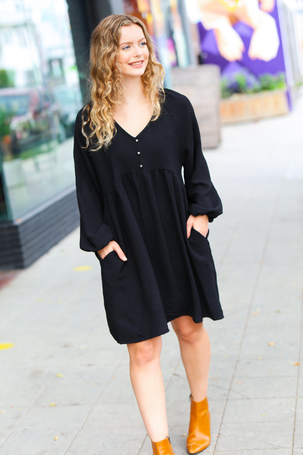 All I Need Black Woven Waffle V Neck Babydoll Dress