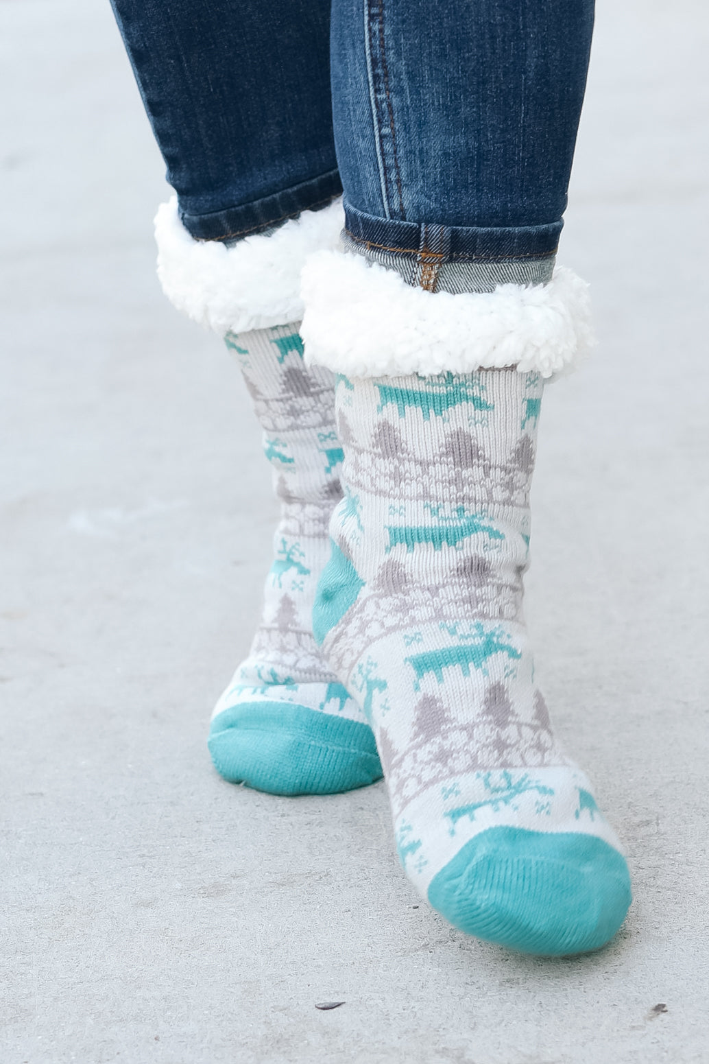 Teal Reindeer Sherpa Traction Bottom Slipper Socks