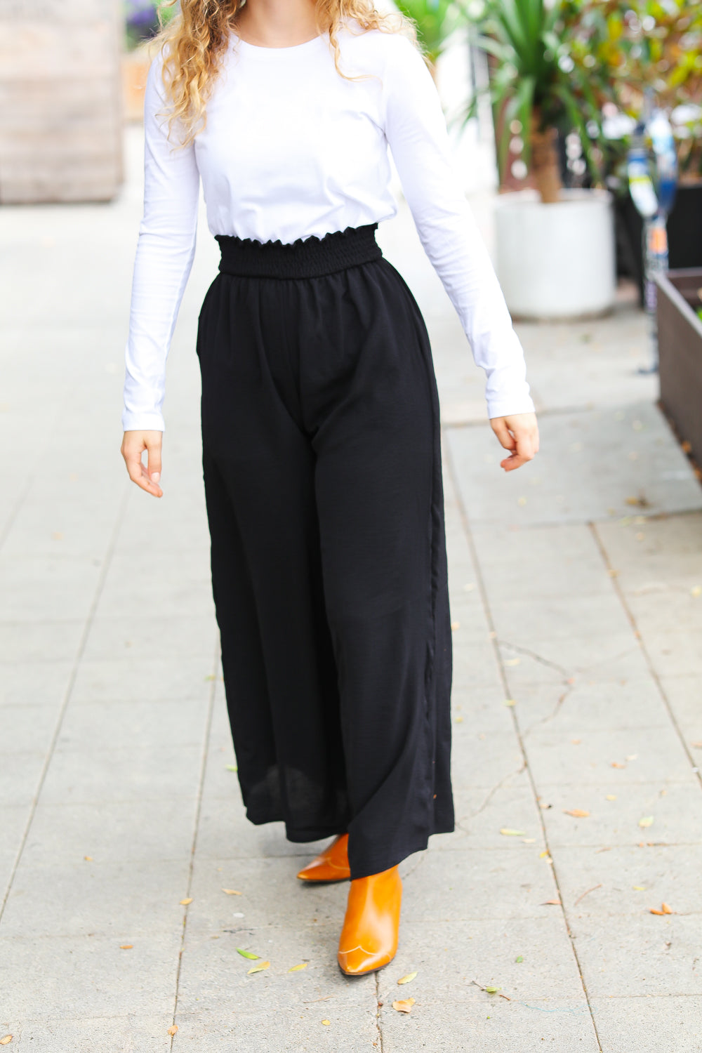 Relaxed Fun Black Smocked Waist Palazzo Pants