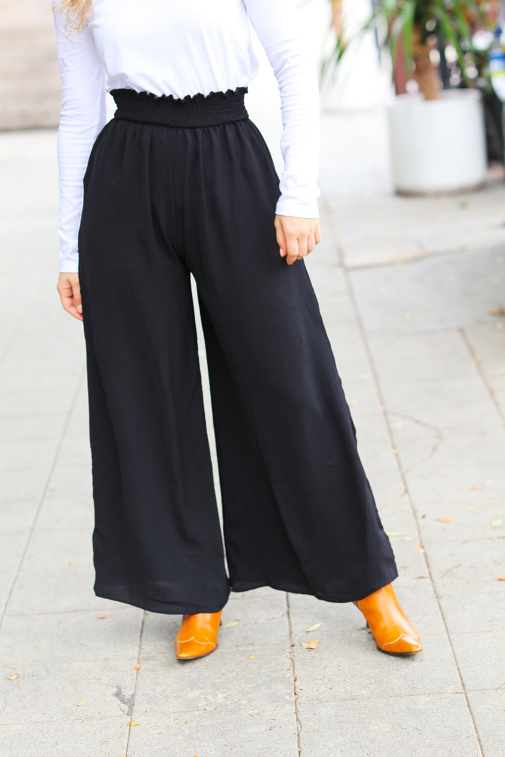 Relaxed Fun Black Smocked Waist Palazzo Pants