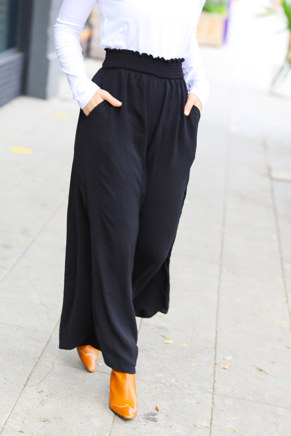 Relaxed Fun Black Smocked Waist Palazzo Pants