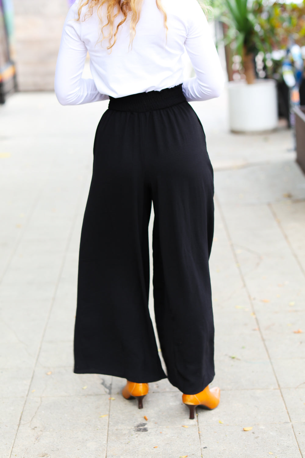 Relaxed Fun Black Smocked Waist Palazzo Pants