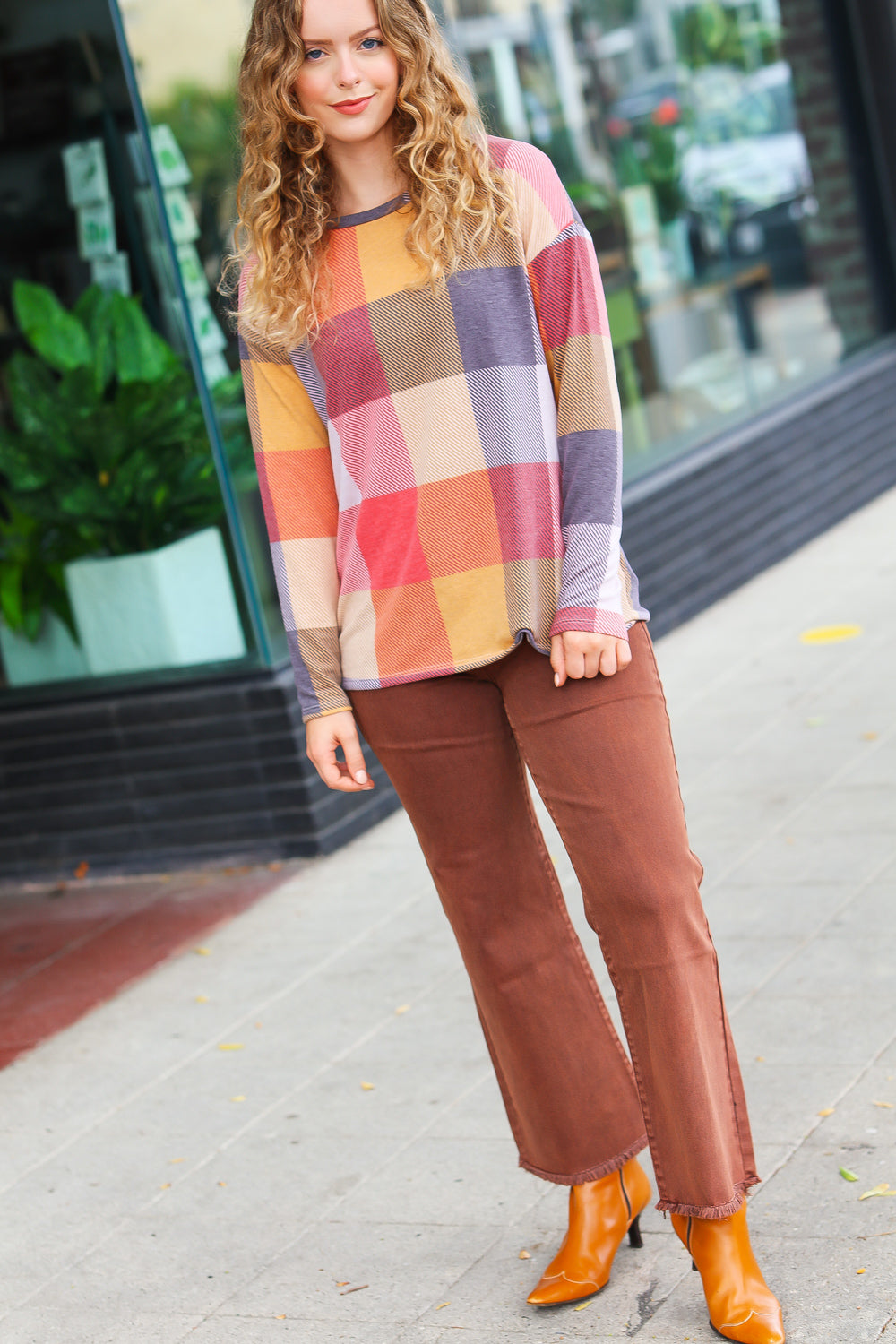 Gorgeous In Rust Checker Plaid French Terry Top