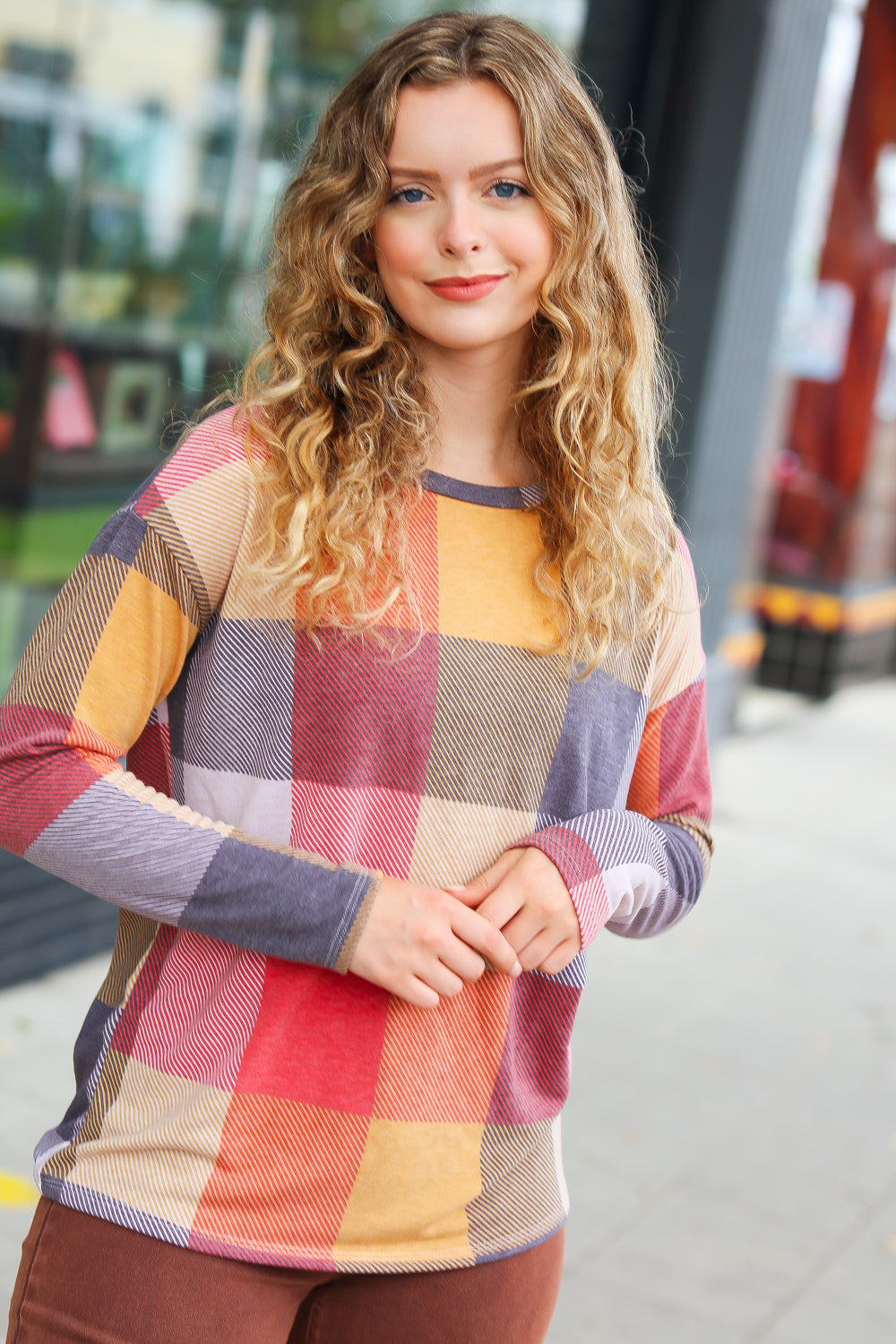 Gorgeous In Rust Checker Plaid French Terry Top