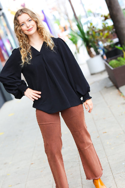 Feeling Bold Black Banded V Neck Smocked Top