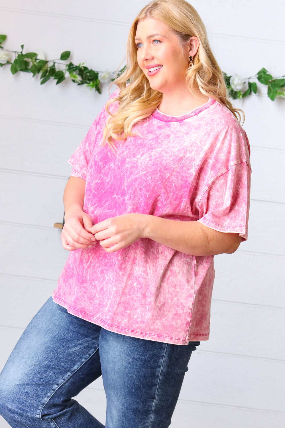 Rose Cotton Wash Short Sleeve Crew Neck Top