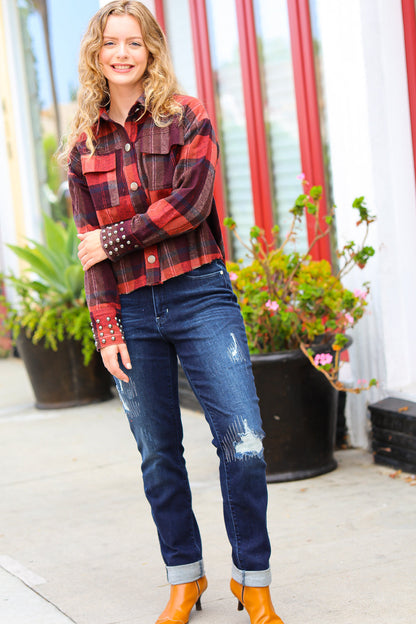 City Streets Burgundy & Rust Plaid Studded Cropped Jacket