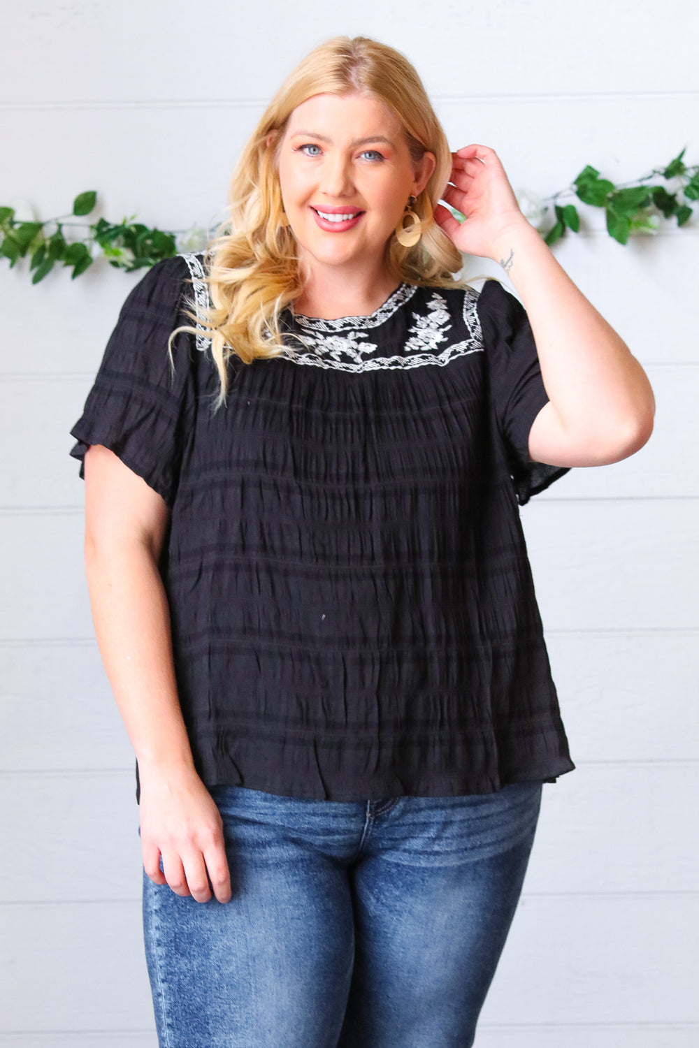 Black Embroidered Smocked Top